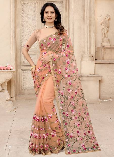 Cream Colour SENSATIONAL New Fancy Party Wear Heavy Net Embroidered Saree Collection 1248